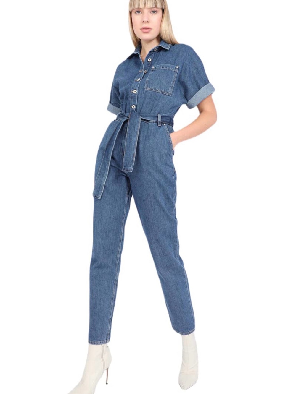 Classic Blue Denim Belted Jumpsuit